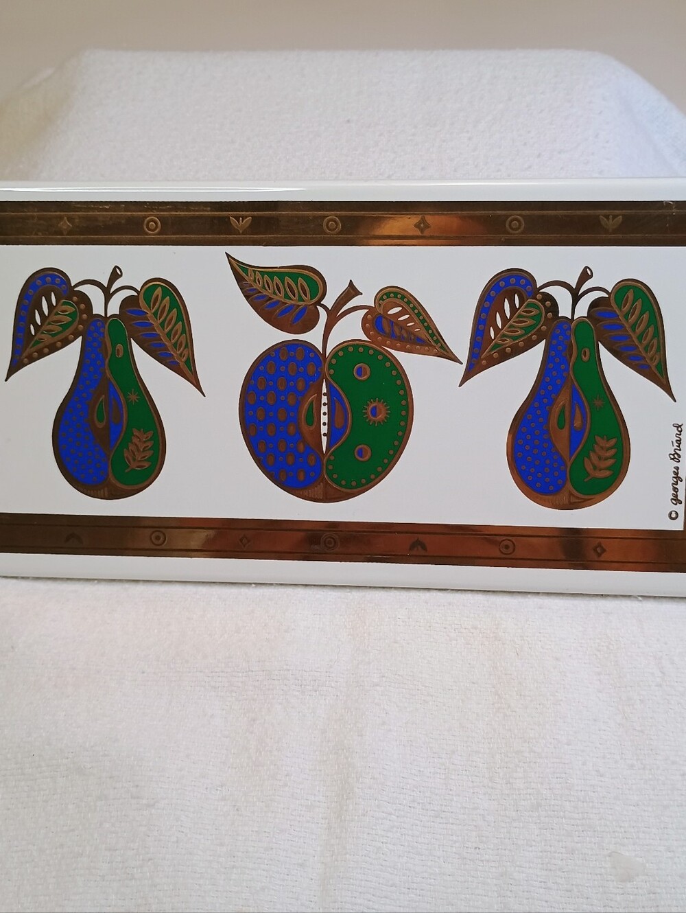 Vintage Georges Briard Enamel Tile Colorful Pear & Apple Design Old Stock Signed